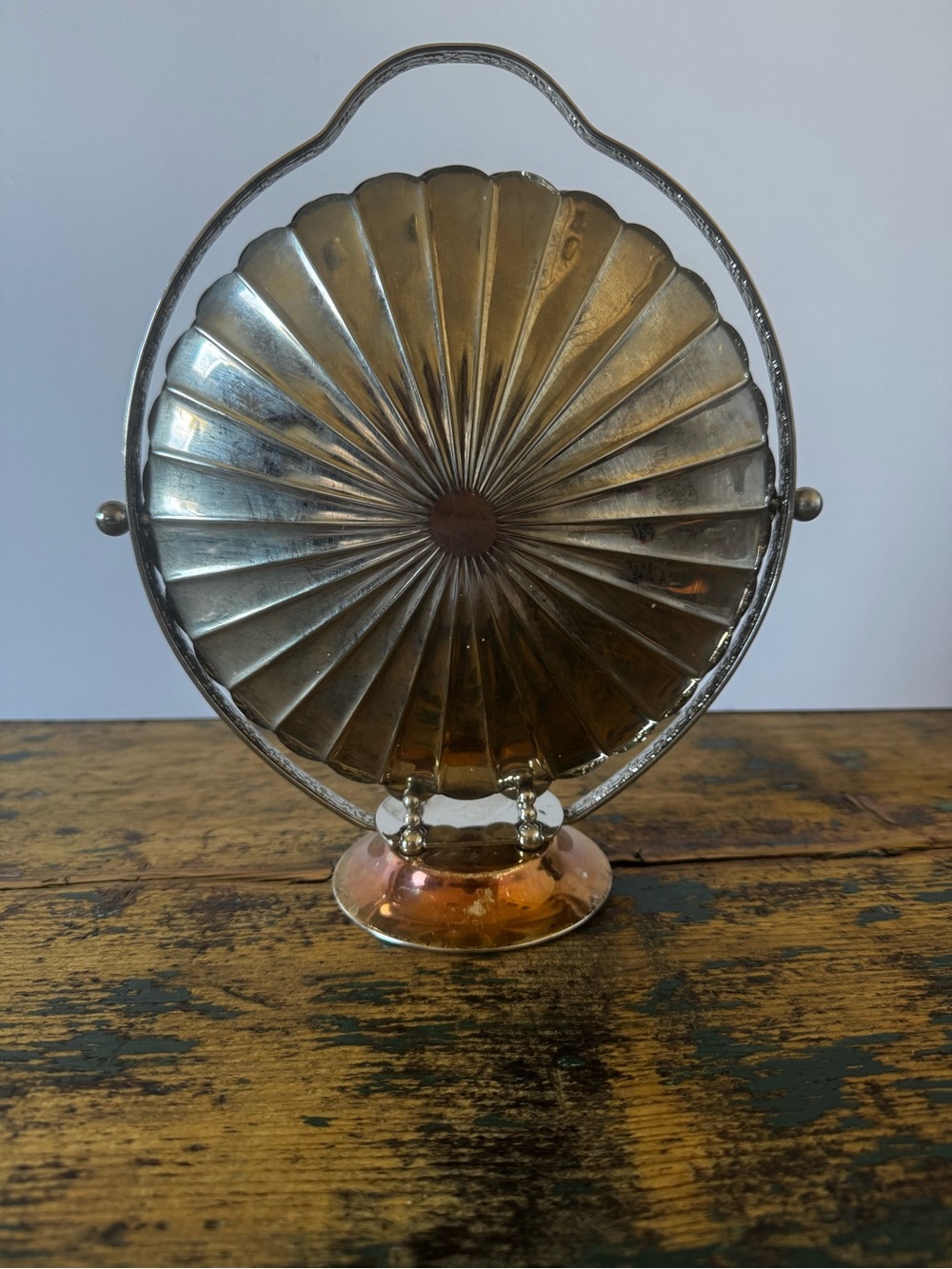 Vintage Round Decorative Metal Serve Dish in Silver and Copper Tones